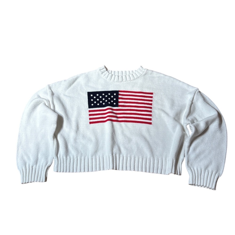 American Flag Sweater Women White Cropped Patriotic Boho SIZE Small